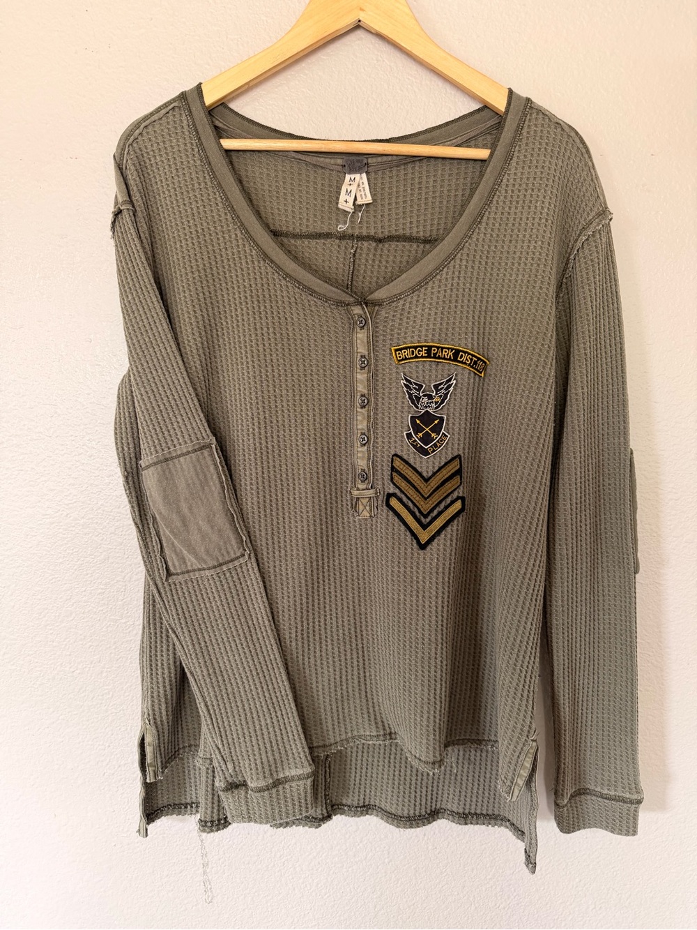 We The Free Olive Green Waffle Knit Long Sleeve Henley with Patch Details